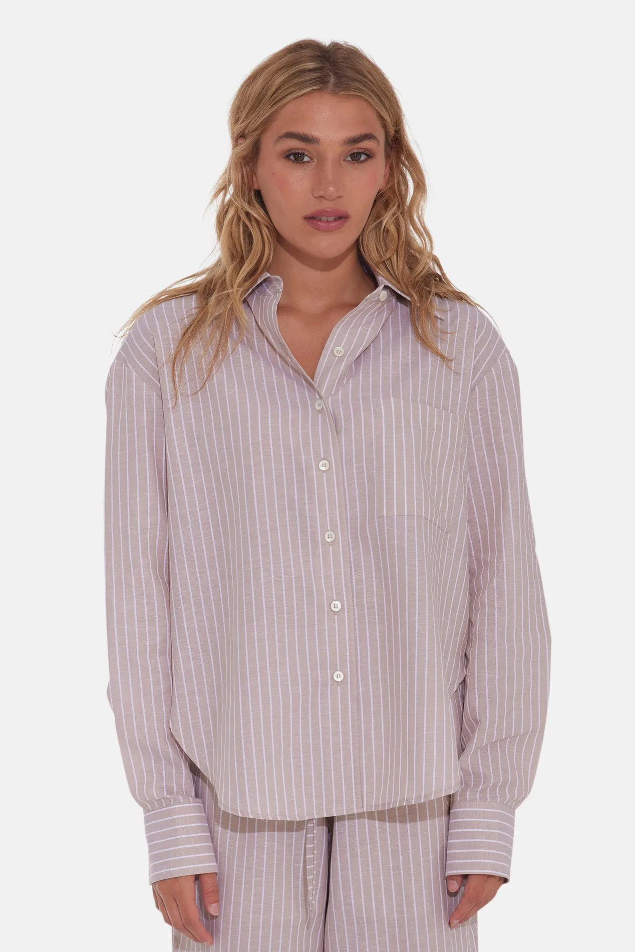 Eloise Cotton/Linen Boyfriend Shirt Beige Stripe sold by Blue & Cream