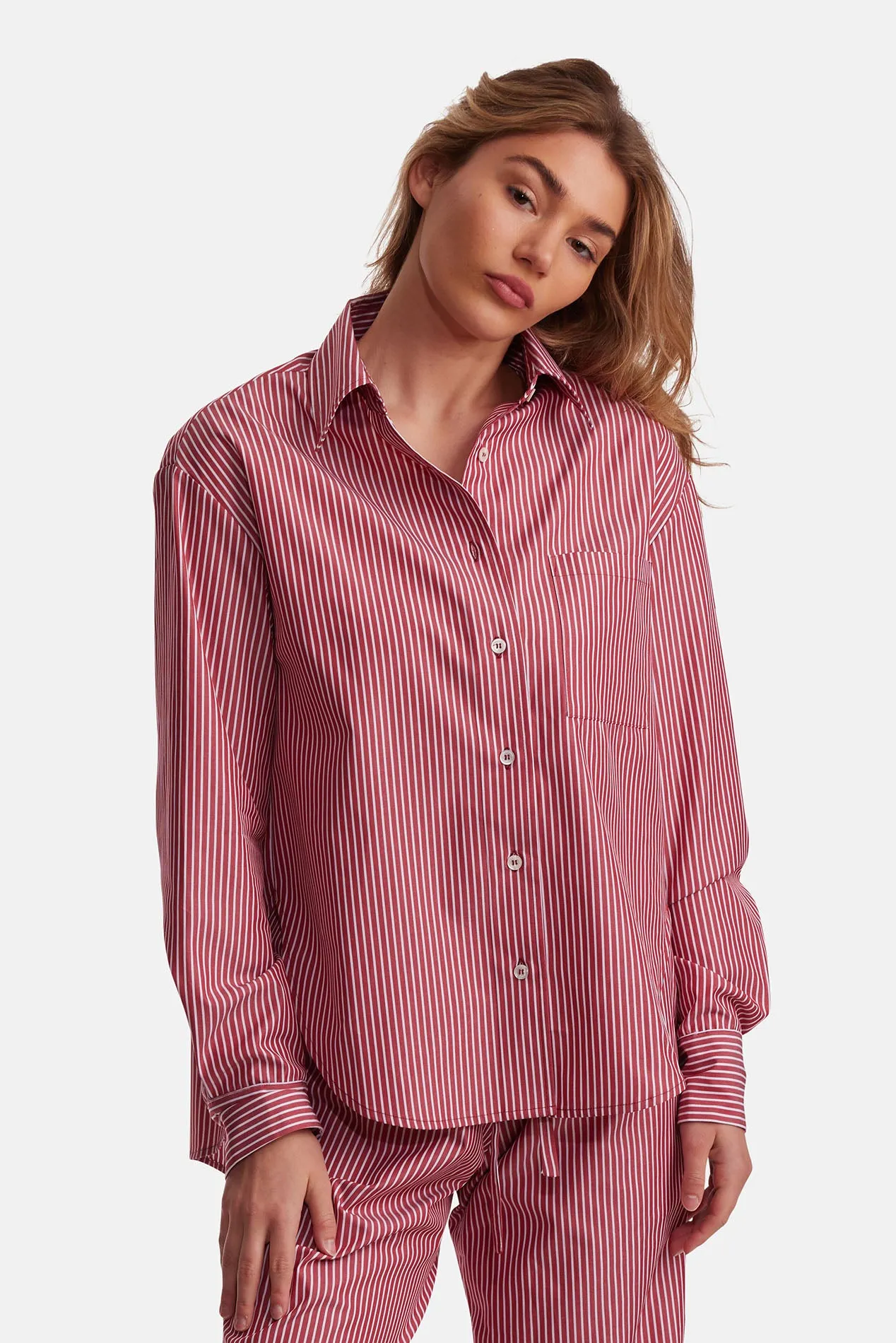 Lily Poplin Boyfriend Shirt Red/White Stripe sold by Blue & Cream