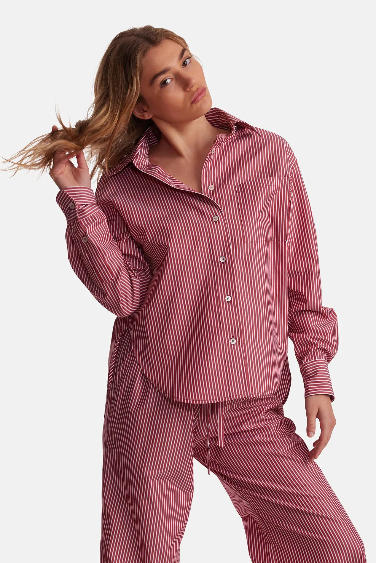 Lily Poplin Boyfriend Shirt Red/White Stripe sold by Blue & Cream product image thumbnail 4