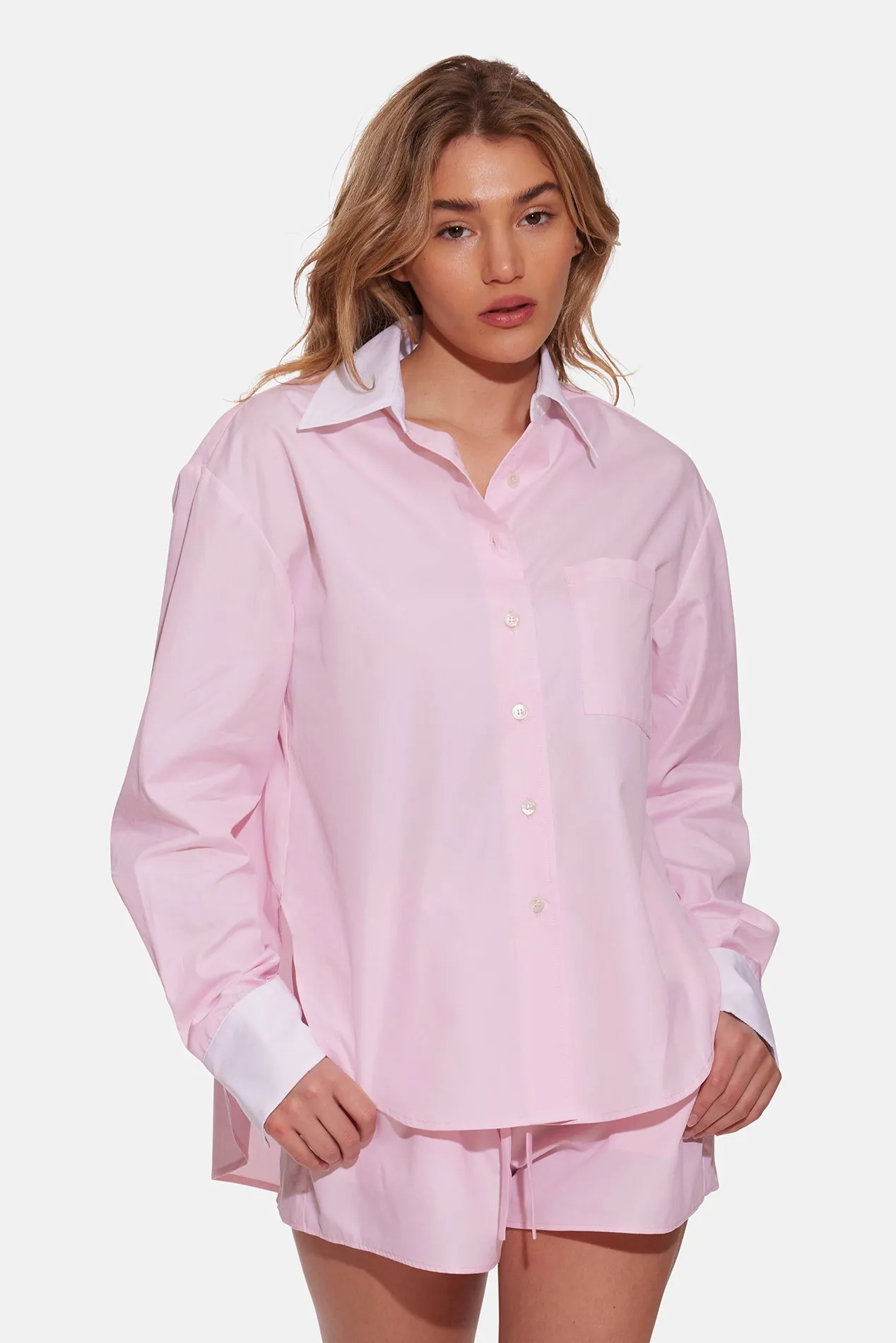 Lily Poplin Boyfriend Shirt Pink W/ White Collar sold by Blue & Cream