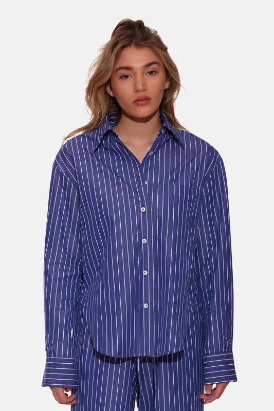 Lily Poplin Boyfriend Shirt Navy/White Stripe sold by Blue & Cream
