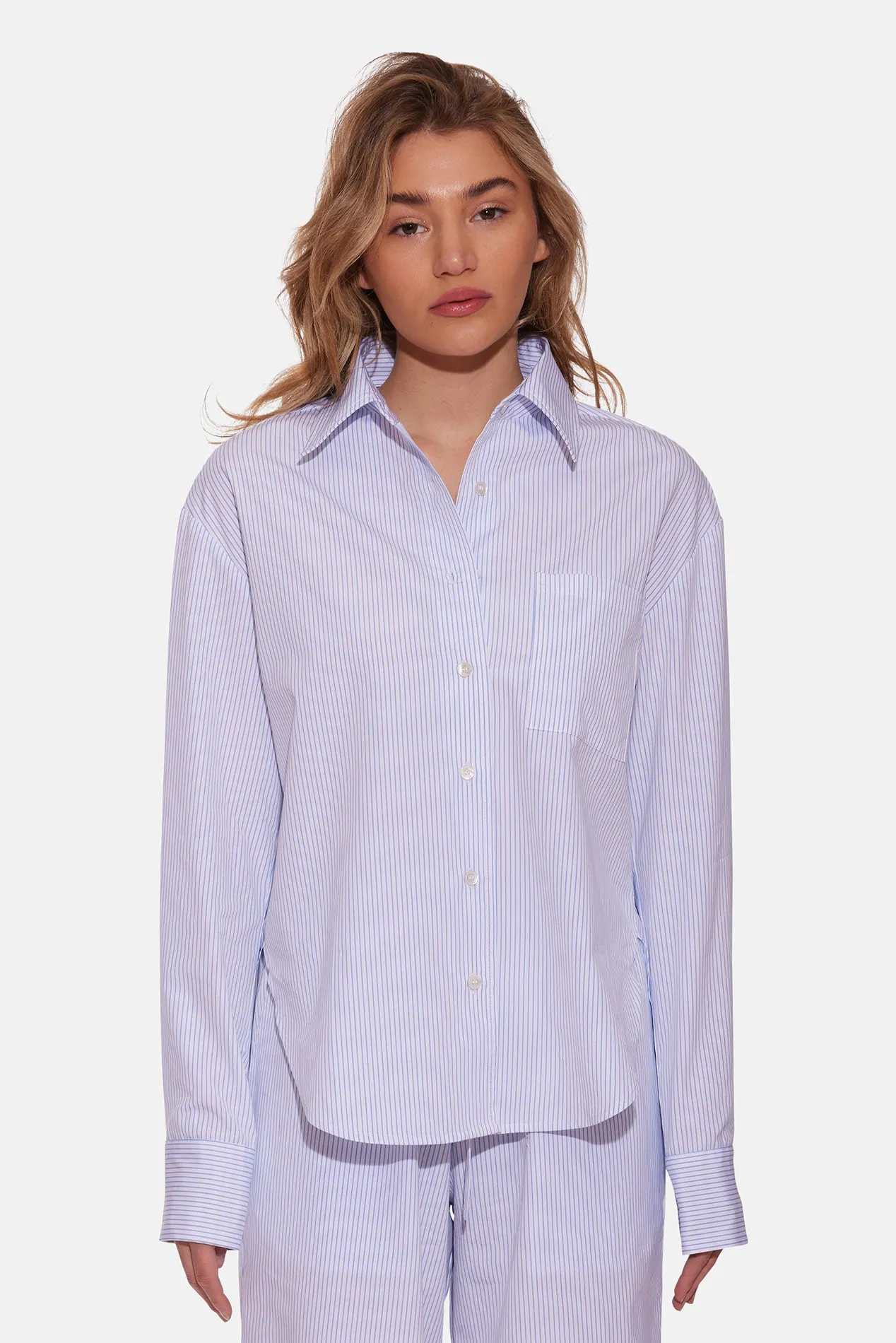 Lily Poplin Boyfriend Shirt Blue/White Stripe sold by Blue & Cream