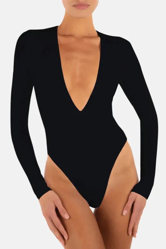 Long Sleeve Deep V Bodysuit Black made by Eterne