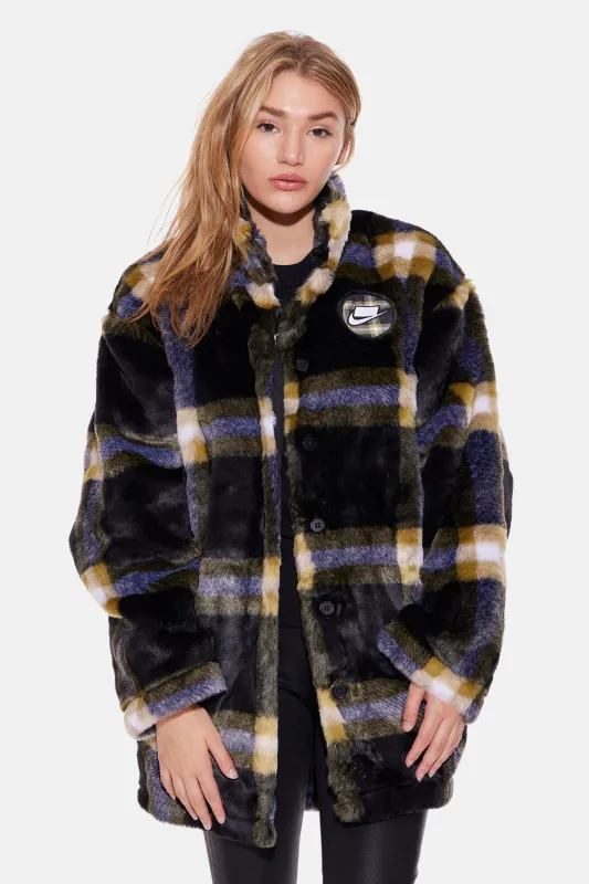 Women's Faux Fur Plaid Jacket Black/White sold by Blue & Cream