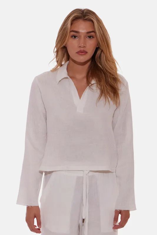 Cassie Gauze Polo Top Ivory sold by Blue & Cream