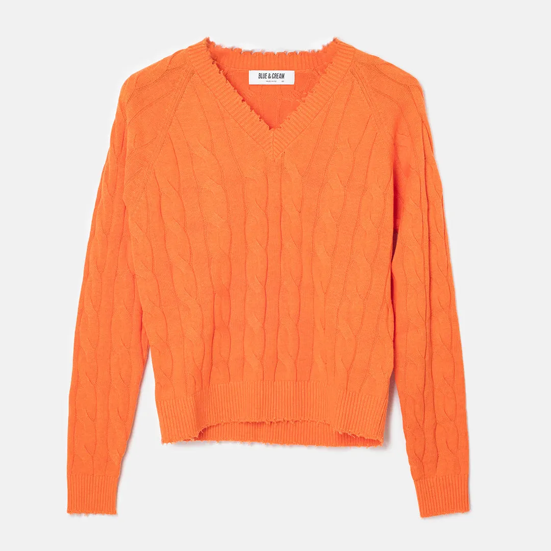 Amber Cable V Neck Sweater Bright Orange sold by Blue & Cream product image thumbnail 4