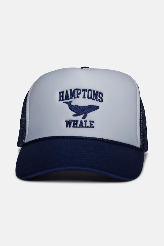 Hamptons Whale Trucker Hat White/Navy sold by Blue & Cream