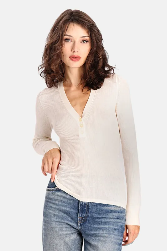 Fine Silk/Cashmere Henley V Neck White sold by Blue & Cream