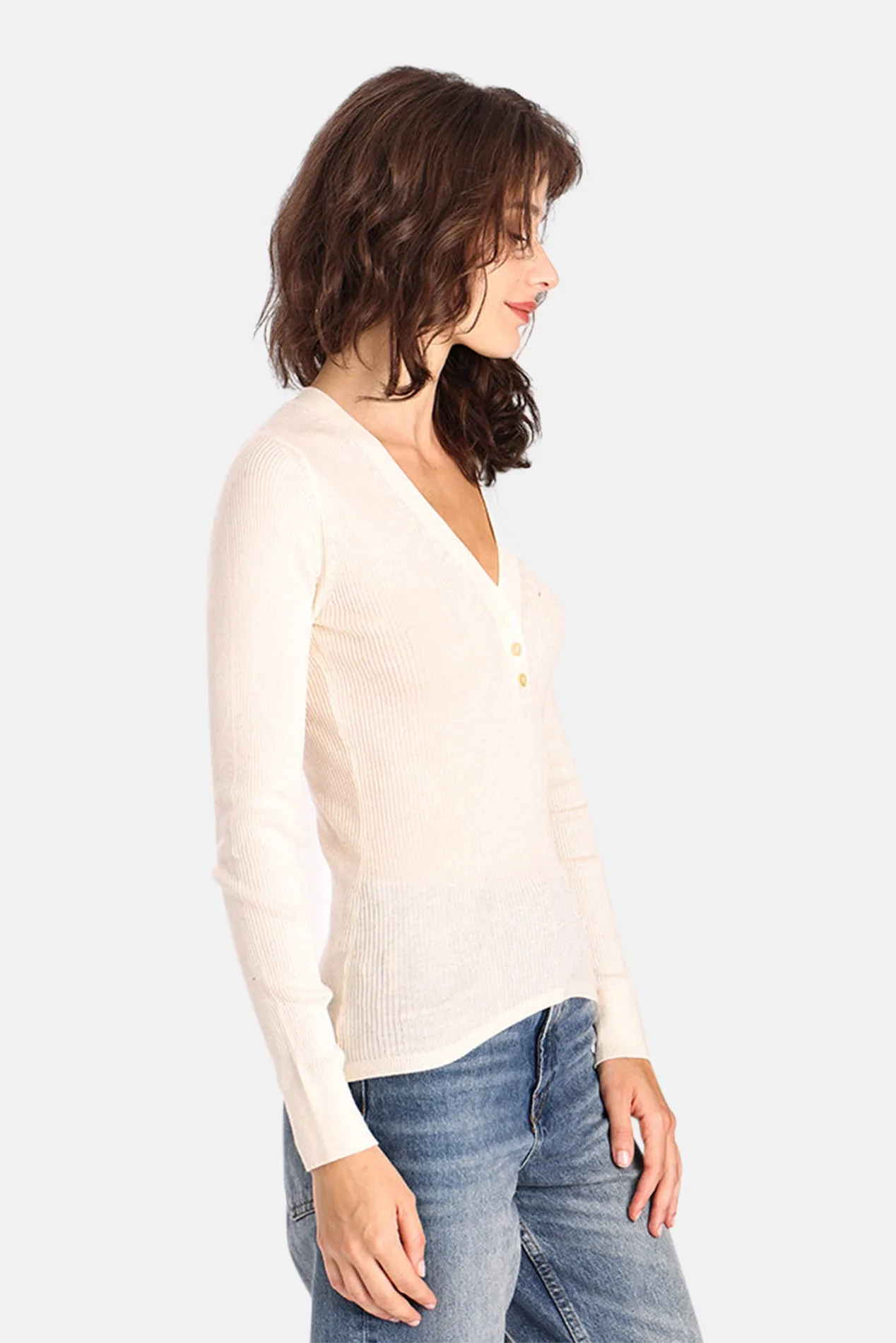 Fine Silk/Cashmere Henley V Neck White sold by Blue & Cream product image thumbnail 2