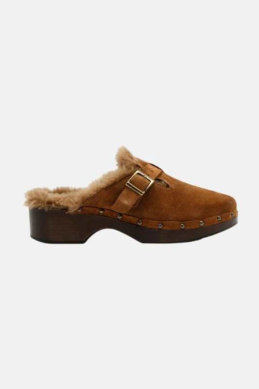 70s Shearling Clog Cognac Suede sold by Blue & Cream