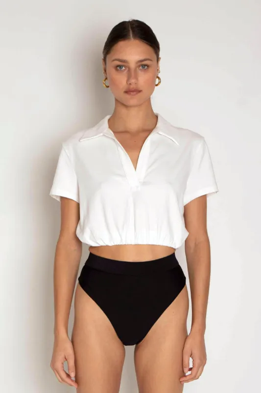 Sueded Jersey Bubble Cropped Polo White sold by Blue & Cream