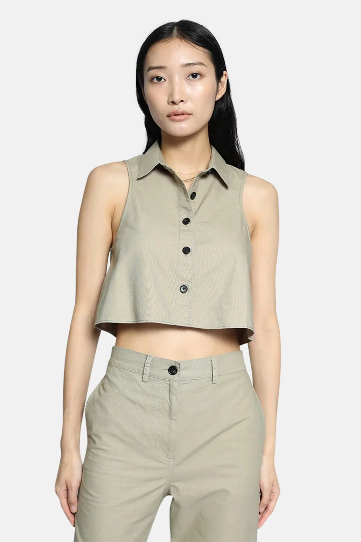 Arid Twill Cropped Sleeveless Shirt Sage sold by Blue & Cream