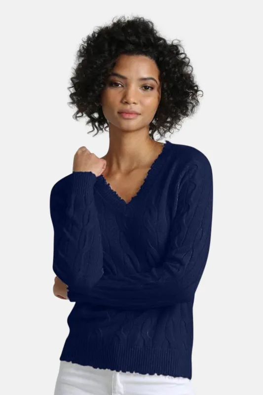 Frayed Cable LS V Neck Navy made by Minnie Rose