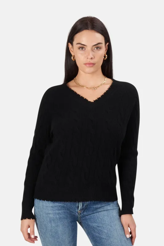 Minnie Rose Black Cable Frayed V Neck sold by Blue & Cream