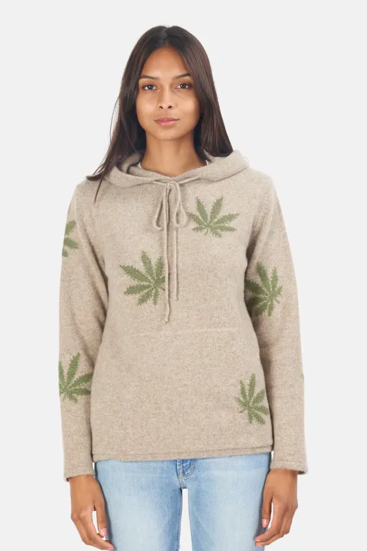 Multi Leaf Cashmere Hoodie Oatmeal/Green sold by Blue & Cream