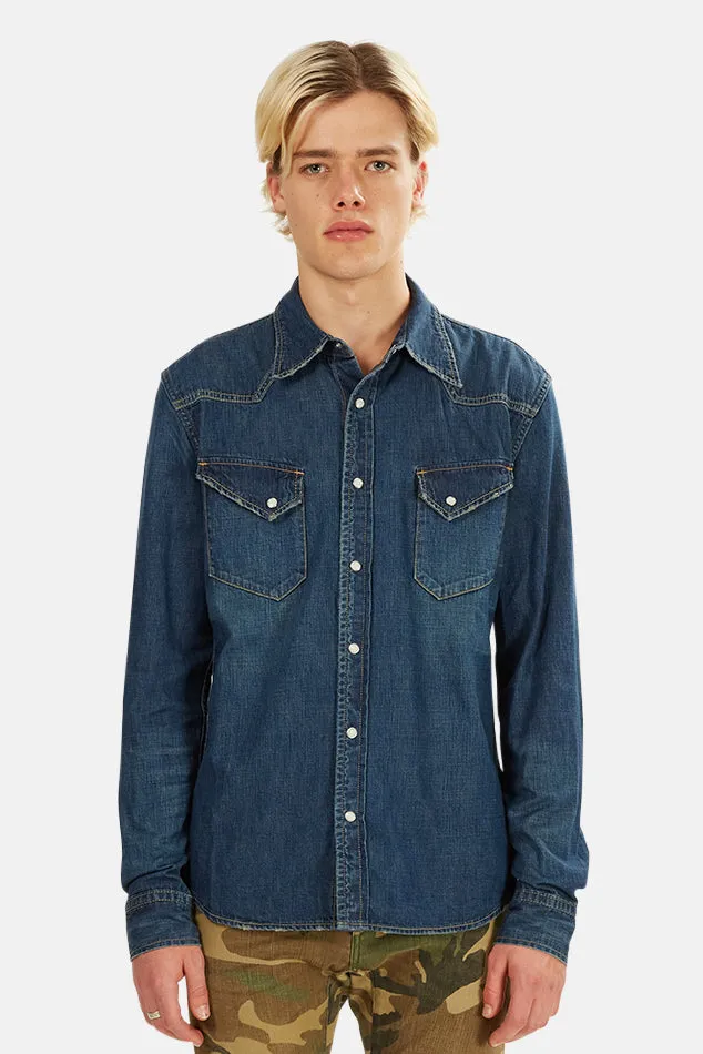 Blue Remi Relief Denim Western Shirt sold by Blue & Cream