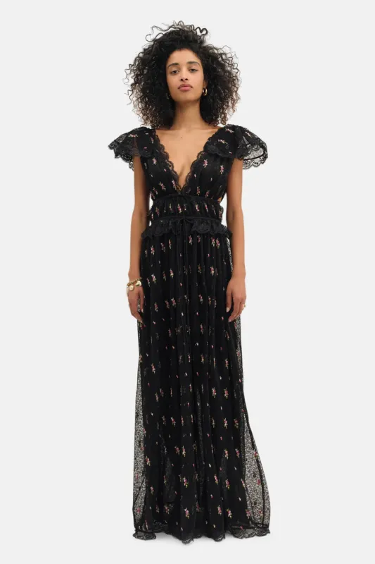 Poppy Pleated Lace Maxi Dress Black made by For Love And Lemons