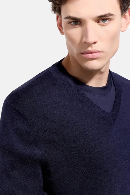 Wool Silk Cashmere V-Neck Navy made by Filippo de Laurentiis