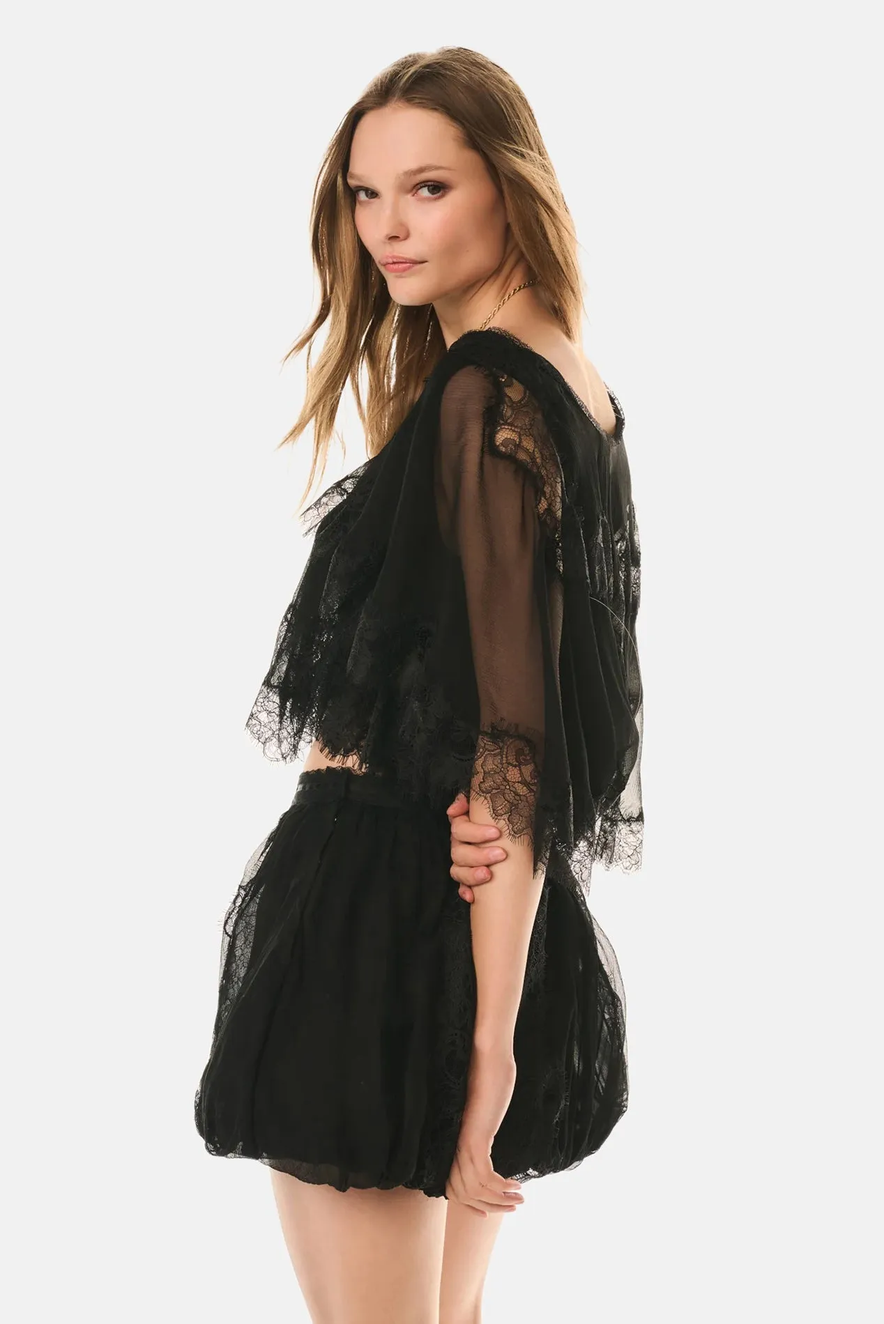 Thessisa Silk Lace Cropped Shawl Blouse Black sold by Blue & Cream product image thumbnail 3