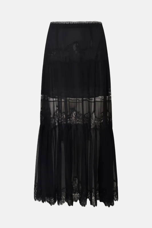 Aureline Silk Lace Pleated Maxi Skirt Black made by LoveShackFancy