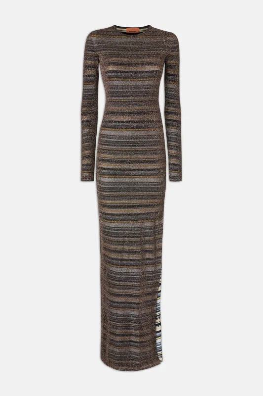 Striped Viscose Lamé Gown w/ Slit Green & Brown made by Missoni
