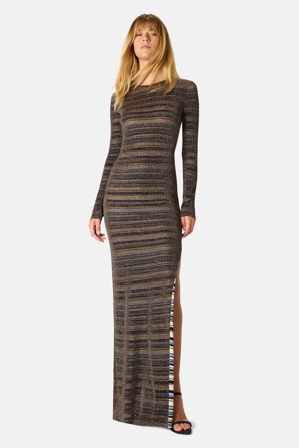 Striped Viscose Lamé Gown w/ Slit Green & Brown sold by Blue & Cream product image thumbnail 2