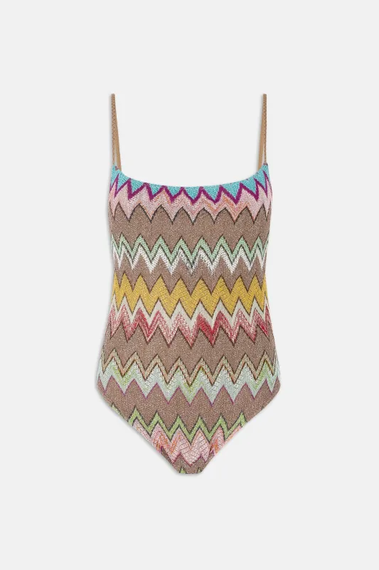 One-Piece Swimsuit Lamé Viscose w/ Macro Zigzag Pattern Black & Multicoloured made by Missoni