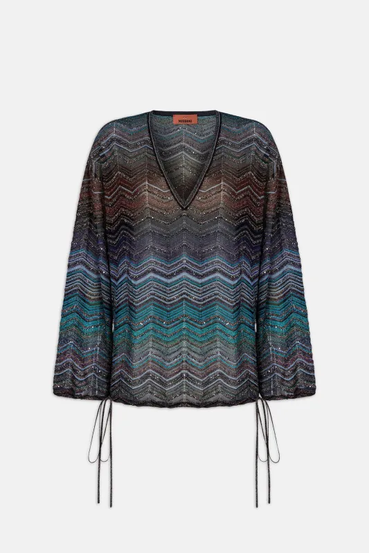 Chevron Lamé Viscose Blouse w/ Sequins Dark Tones - Green & Brown made by Missoni
