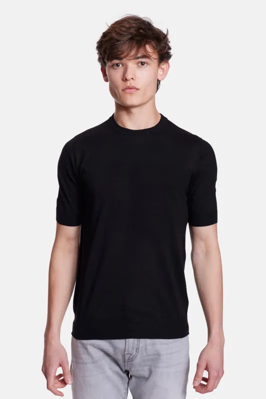 140's Silk Cashmere Short Sleeve Crew Black made by Filippo de Laurentiis