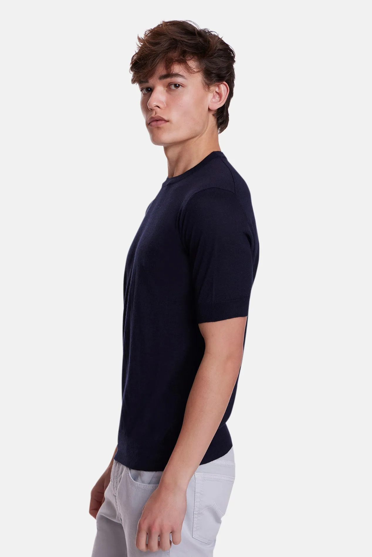 140's Silk Cashmere Short Sleeve Crew Navy sold by Blue & Cream product image thumbnail 2