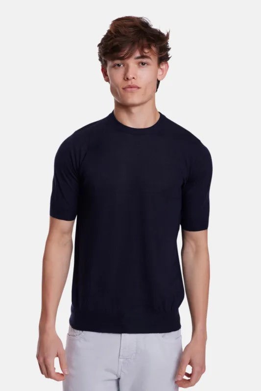140's Silk Cashmere Short Sleeve Crew Navy made by Filippo de Laurentiis