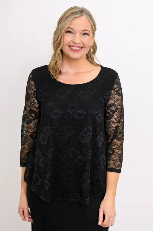 Ellen 3/4 Sleeve Top, Black, Bamboo Lace sold by Blue Sky