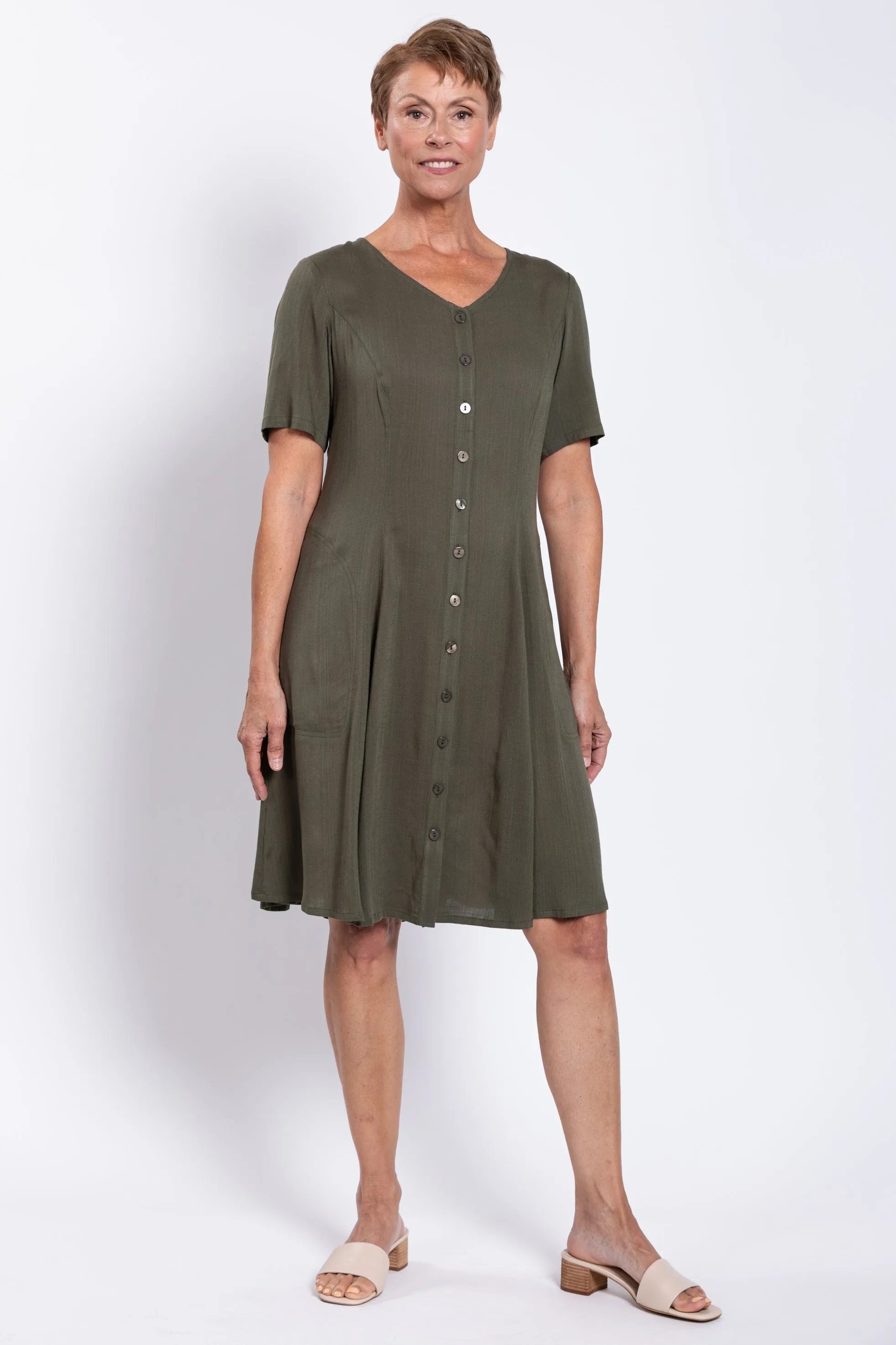 Teresa Dress, Khaki, Linen Bamboo sold by Blue Sky