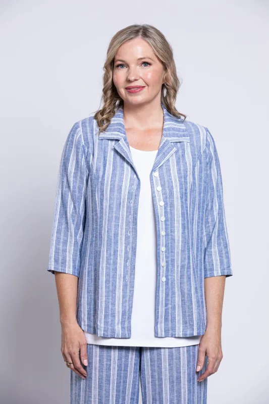 Samantha S/S Top, Denim Stripe, Linen Viscose sold by Blue Sky