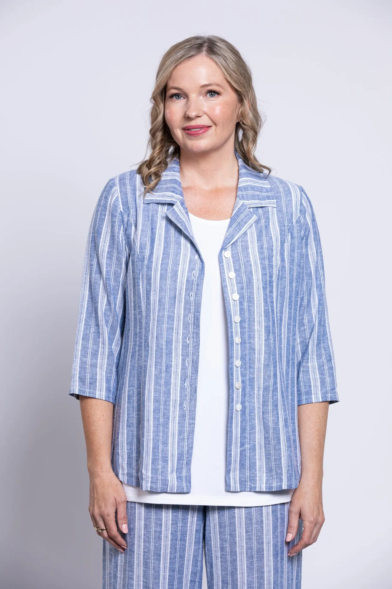 Samantha S/S Top, Denim Stripe, Linen Viscose sold by Blue Sky