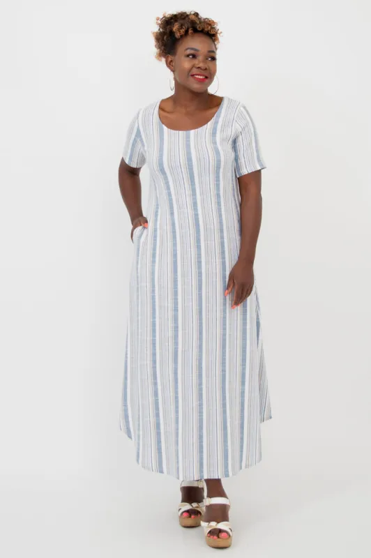 Martha Dress, Sand Stripe, Linen Bamboo sold by Blue Sky