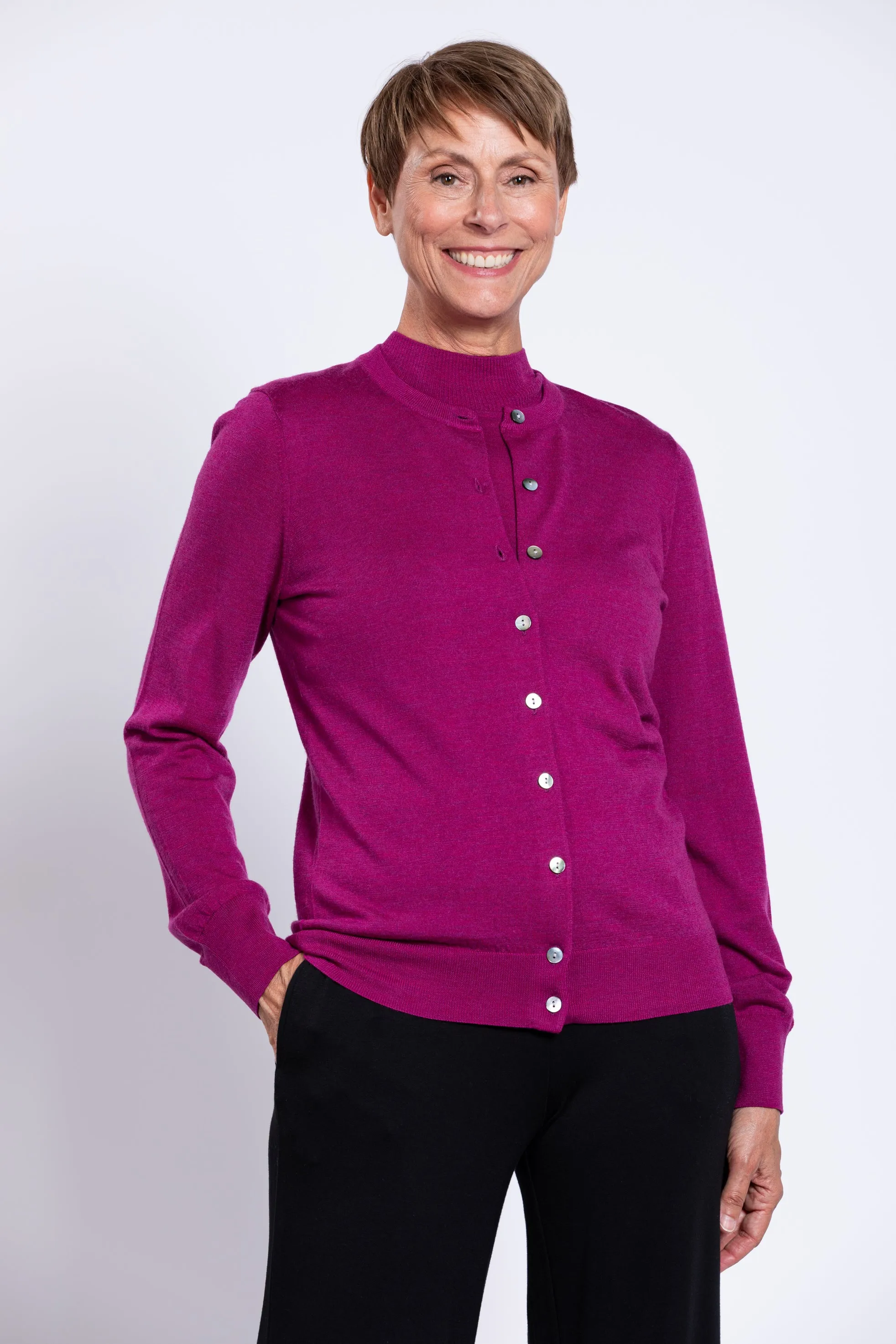 Kitten Cardigan, Magenta, Merino Wool sold by Blue Sky