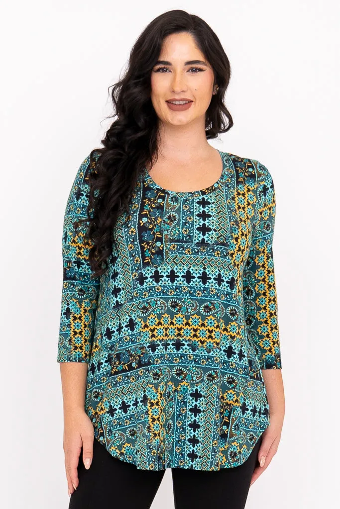 Jazz 3/4 Top, Teal Ways, Bamboo sold by Blue Sky