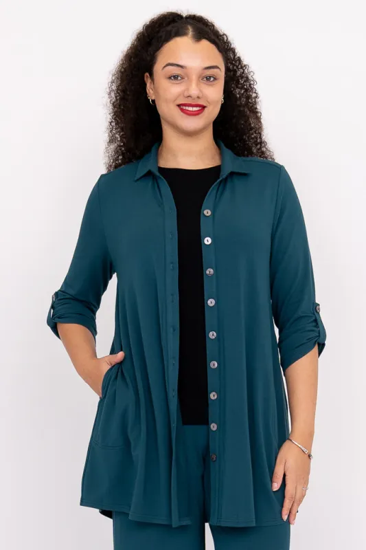 Michele Blouse, Teal, French Terry sold by Blue Sky