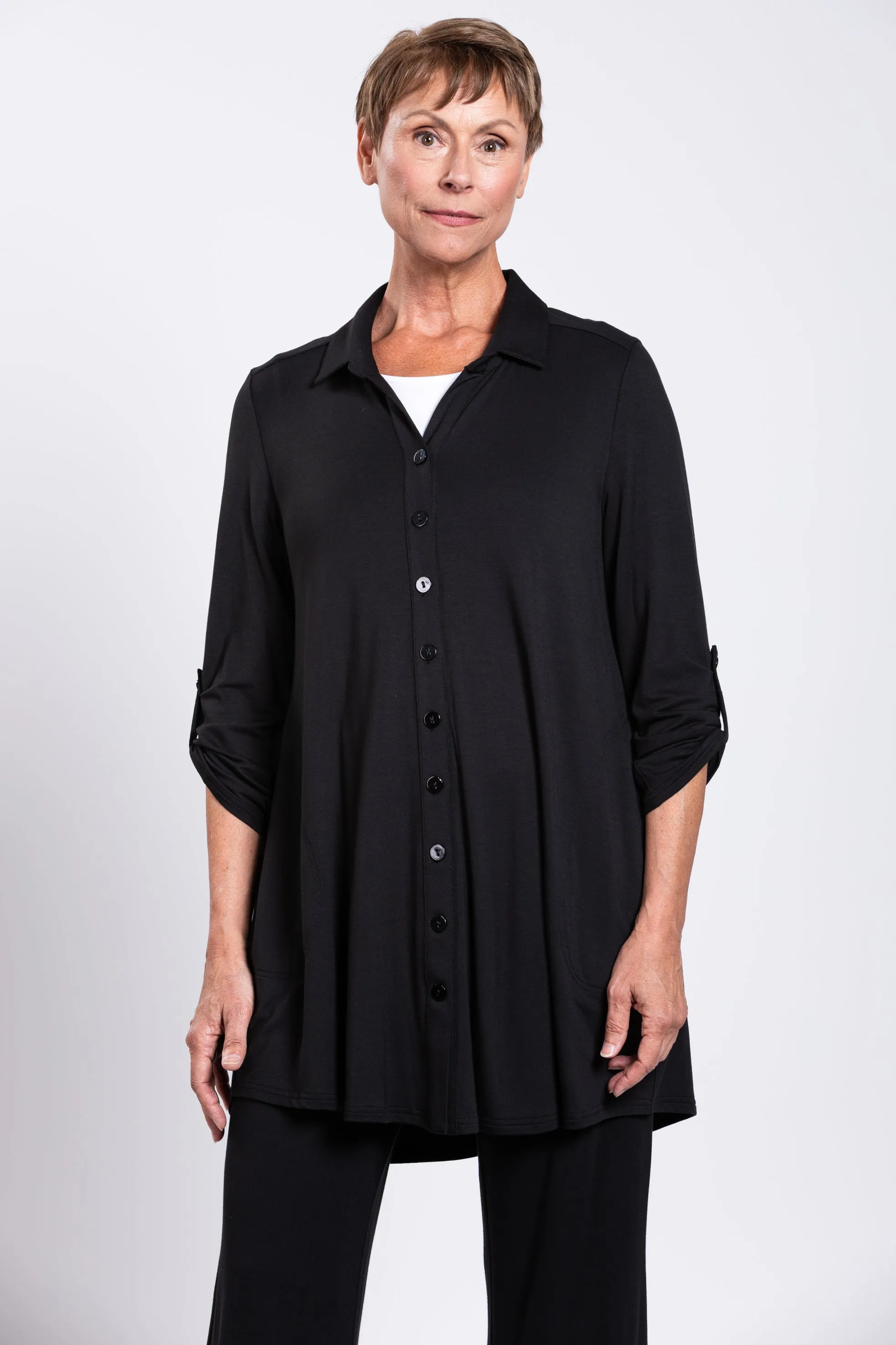 Michele Blouse, Black, French Terry sold by Blue Sky