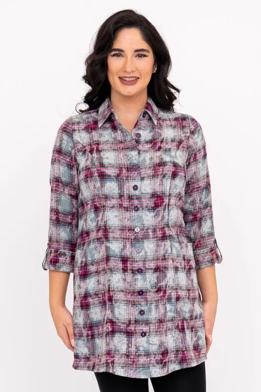 Larissa Tunic, Magenta Plaid, Cotton sold by Blue Sky