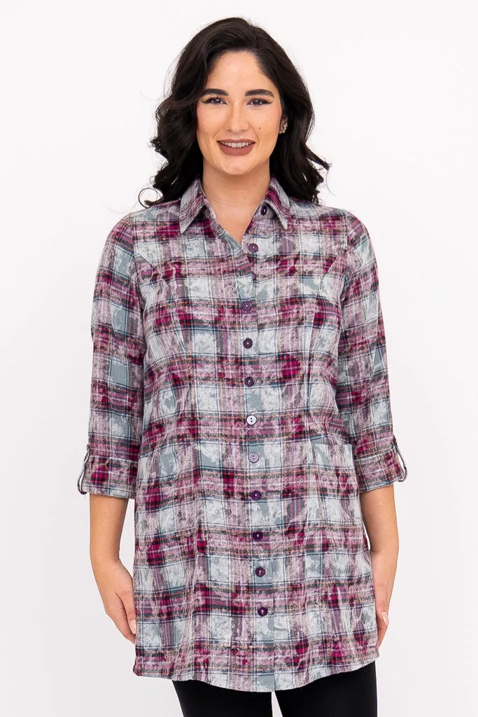 Larissa Tunic, Magenta Plaid, Cotton sold by Blue Sky
