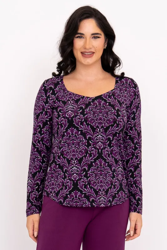Ritzy L/S Top, Magenta Damask, Bamboo sold by Blue Sky