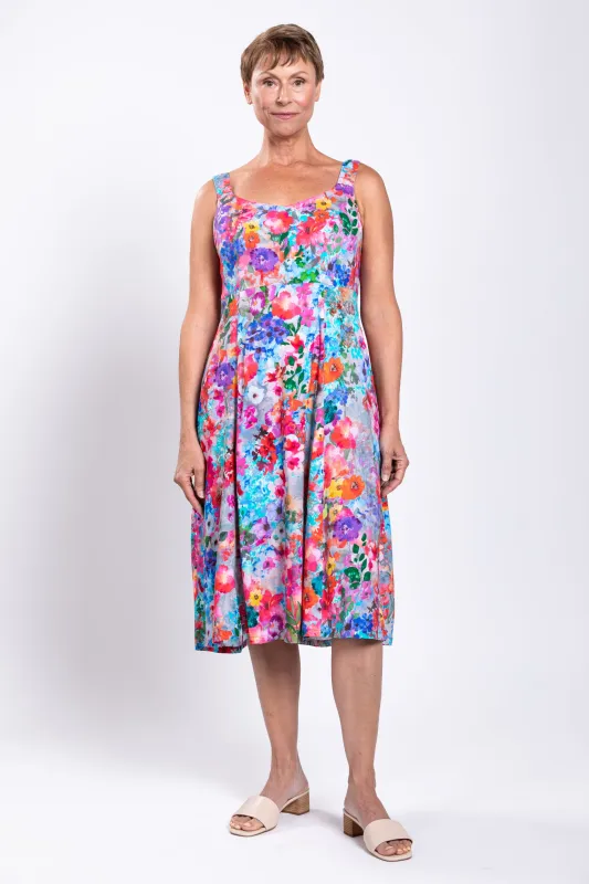 Shauna Dress, Turq Wildflower, Linen Bamboo sold by Blue Sky