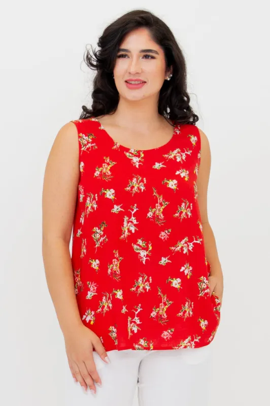 Jimmy Tank, Red Ditsy, Linen Bamboo sold by Blue Sky