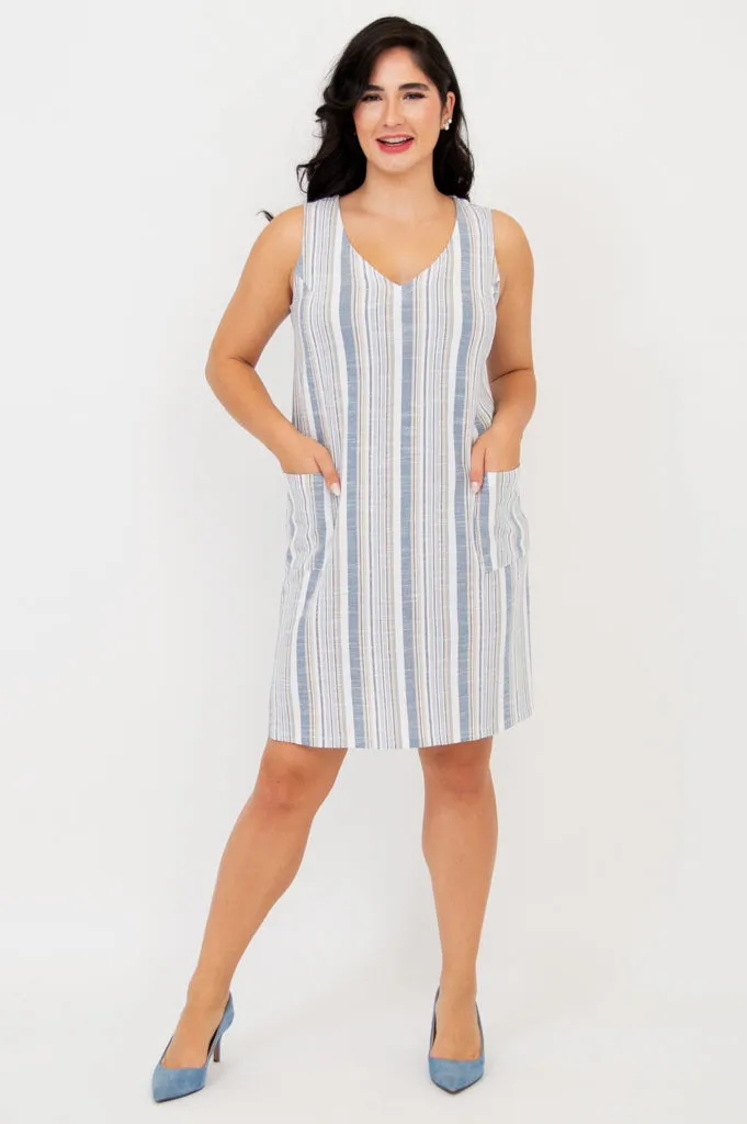 Felicia Dress, Sand Stripe, Linen Bamboo sold by Blue Sky