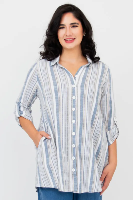 Celine Blouse, Sand Stripe, Linen Bamboo sold by Blue Sky