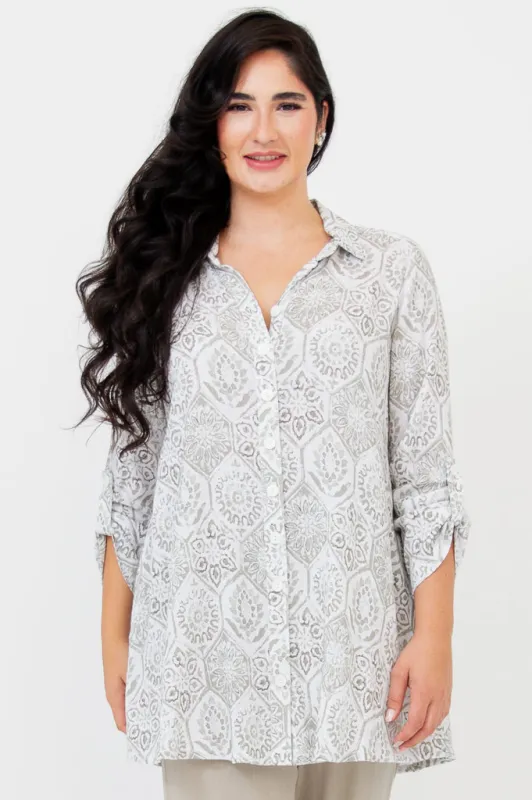 Celine Blouse, Mosaic, Linen Bamboo sold by Blue Sky