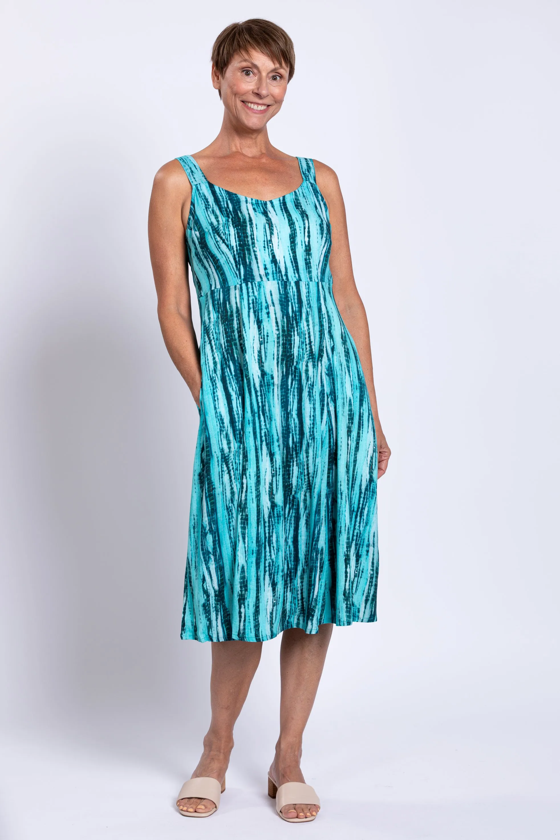 Shauna Dress, Teal Tie Dye, Linen Bamboo sold by Blue Sky