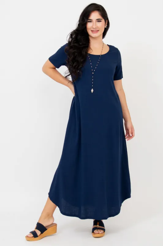 Martha Dress, Indigo, Linen Bamboo sold by Blue Sky